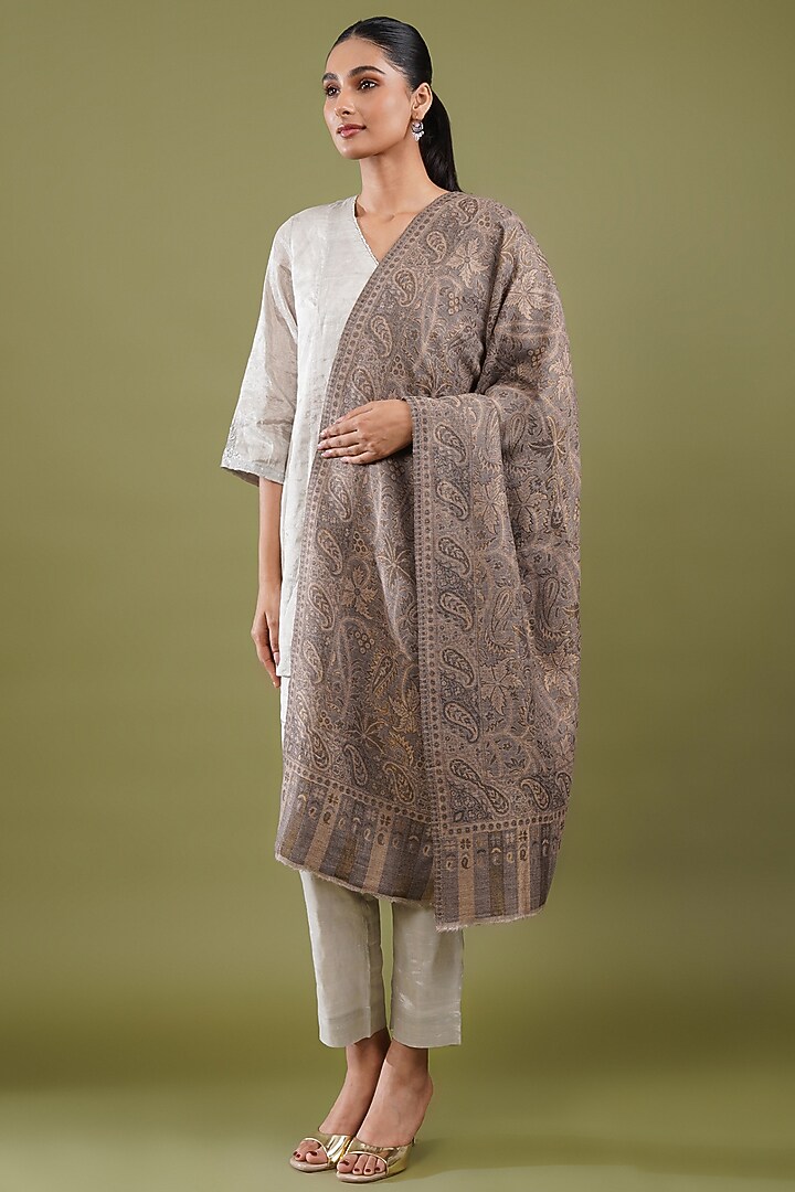 Beige Grey Wool Blend Kani Stole by Shaza at Pernia's Pop Up Shop