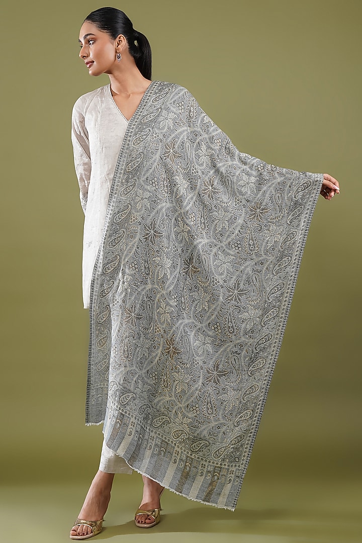 Grey Wool Blend Kani Stole by Shaza at Pernia's Pop Up Shop