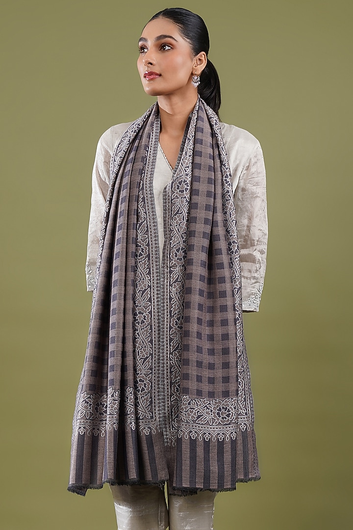 Grey Wool Blend Checkered Stole by Shaza at Pernia's Pop Up Shop