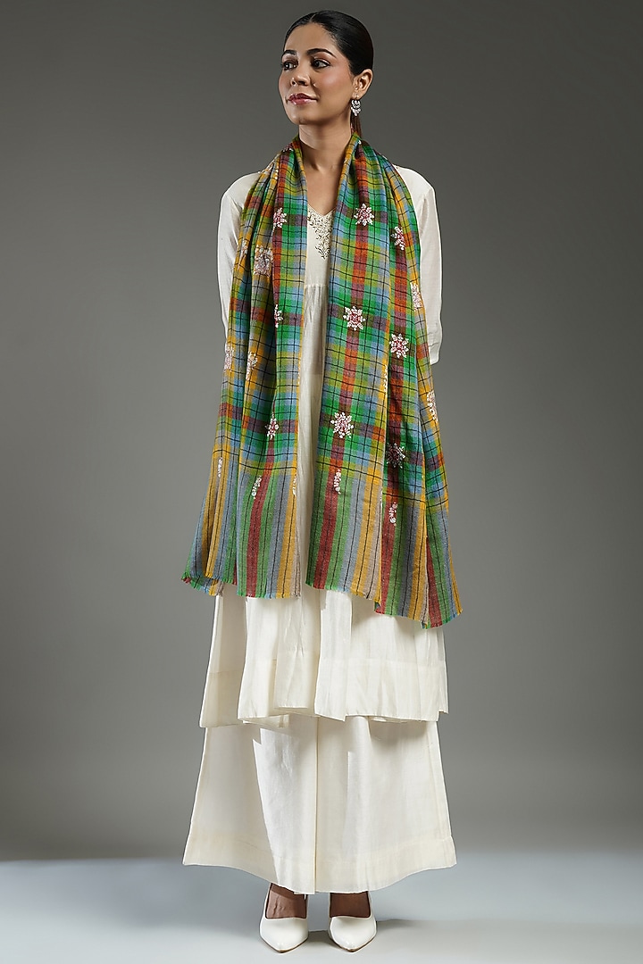 Multi-Colored Handloom Pashmina Checkered Hand Embroidered Stole by Shaza at Pernia's Pop Up Shop