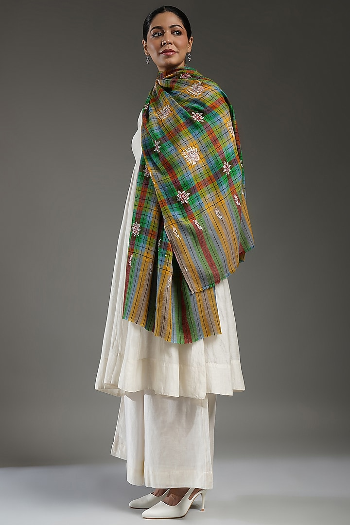 Multi-Colored Handloom Pashmina Checkered Hand Embroidered Stole by Shaza at Pernia's Pop Up Shop