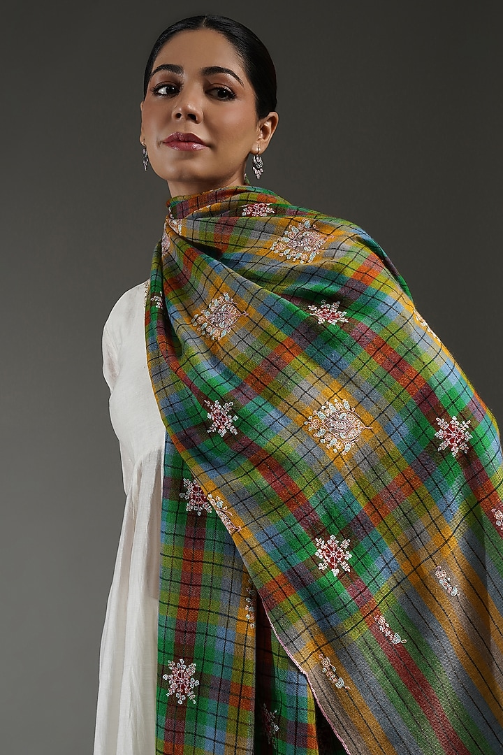 Multi-Colored Handloom Pashmina Checkered Hand Embroidered Stole by Shaza at Pernia's Pop Up Shop