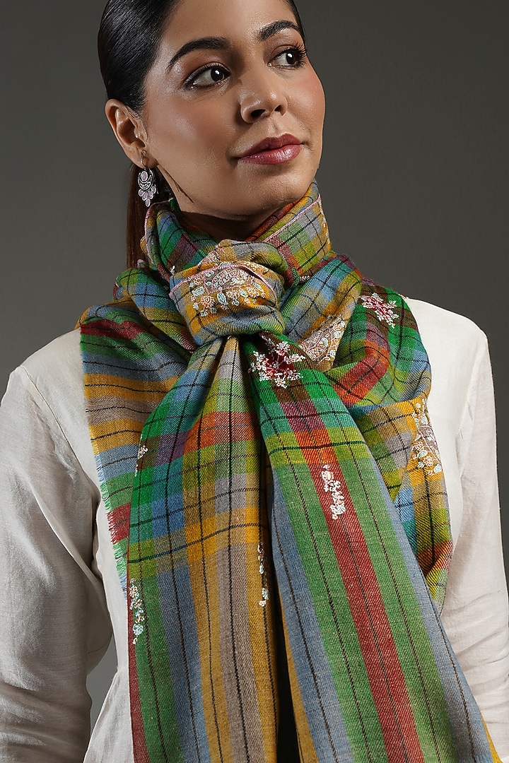 Multi-Colored Handloom Pashmina Checkered Hand Embroidered Stole by Shaza at Pernia's Pop Up Shop