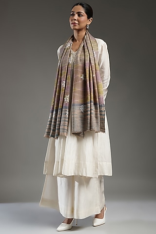 Multi-Colored Handloom Pashmina Hand Embroidered Stole by Shaza