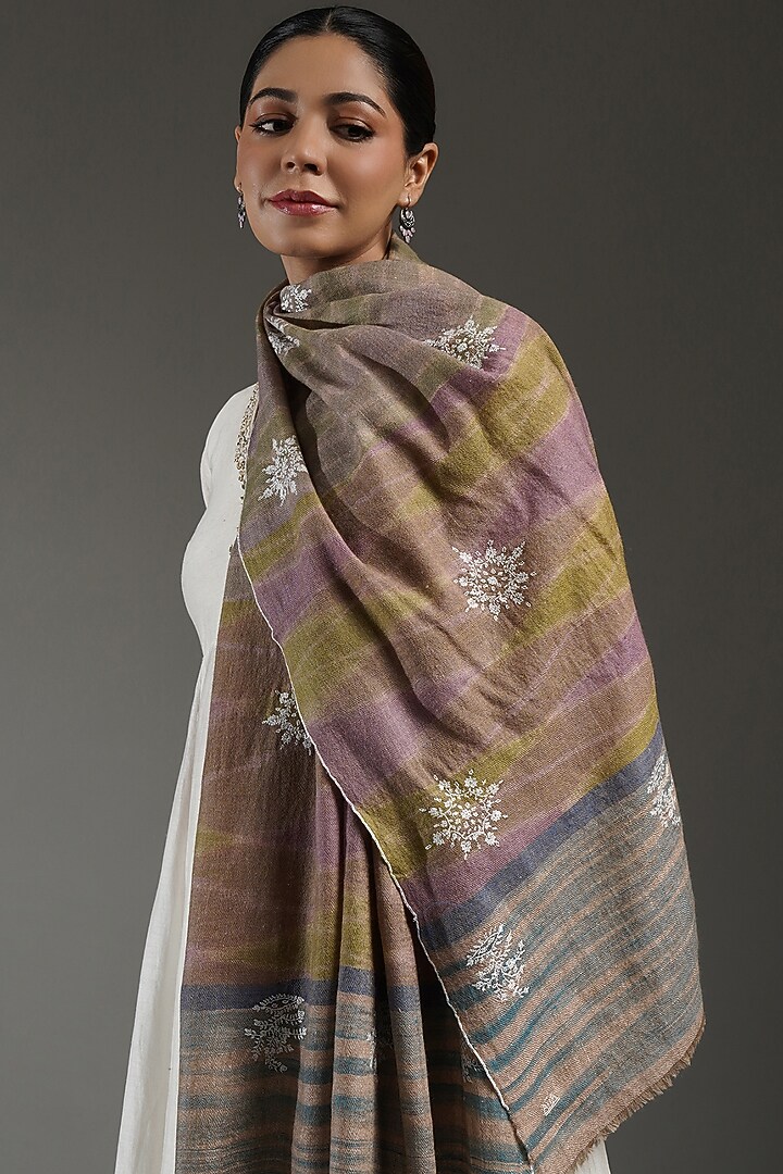 Multi-Colored Handloom Pashmina Hand Embroidered Stole by Shaza at Pernia's Pop Up Shop