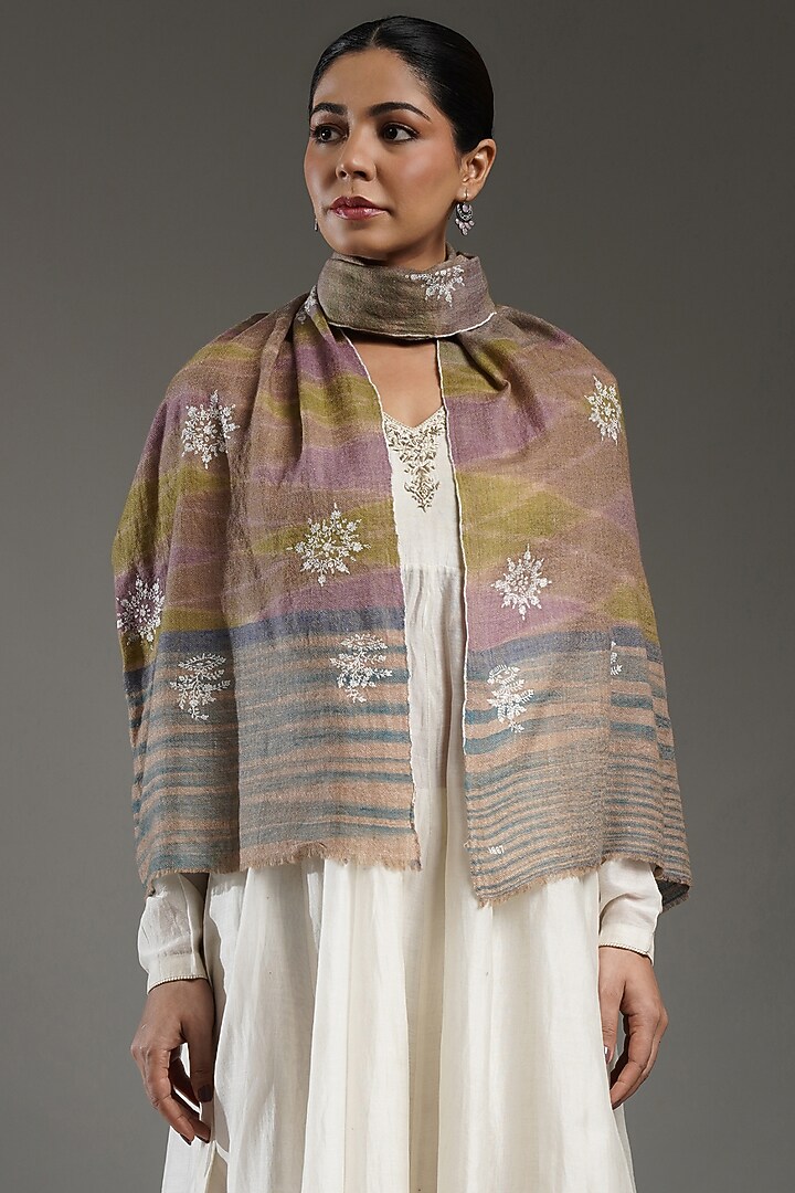 Multi-Colored Handloom Pashmina Hand Embroidered Stole by Shaza at Pernia's Pop Up Shop
