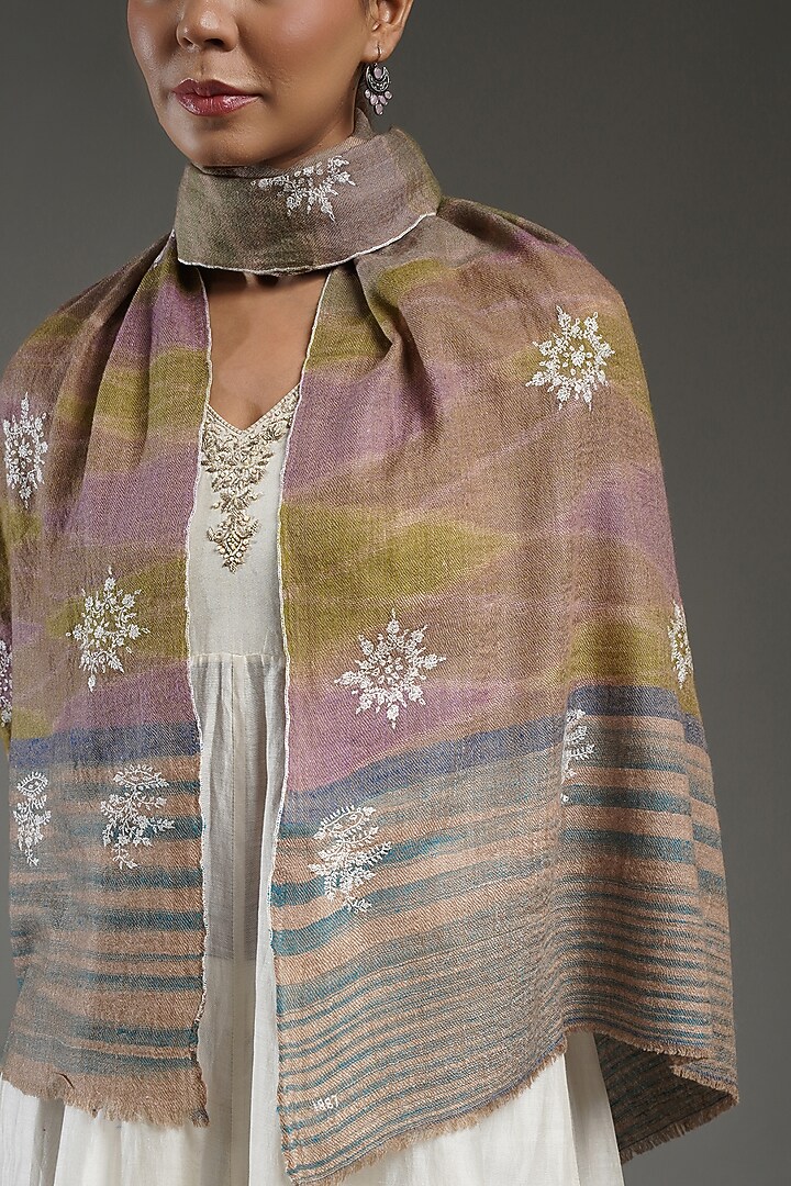 Multi-Colored Handloom Pashmina Hand Embroidered Stole by Shaza at Pernia's Pop Up Shop