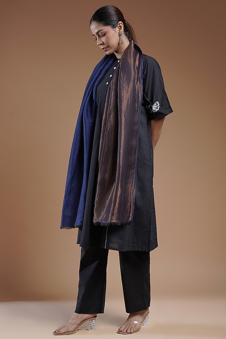 Dark Blue & Golden Fine Count Wool Stole by Shaza at Pernia's Pop Up Shop