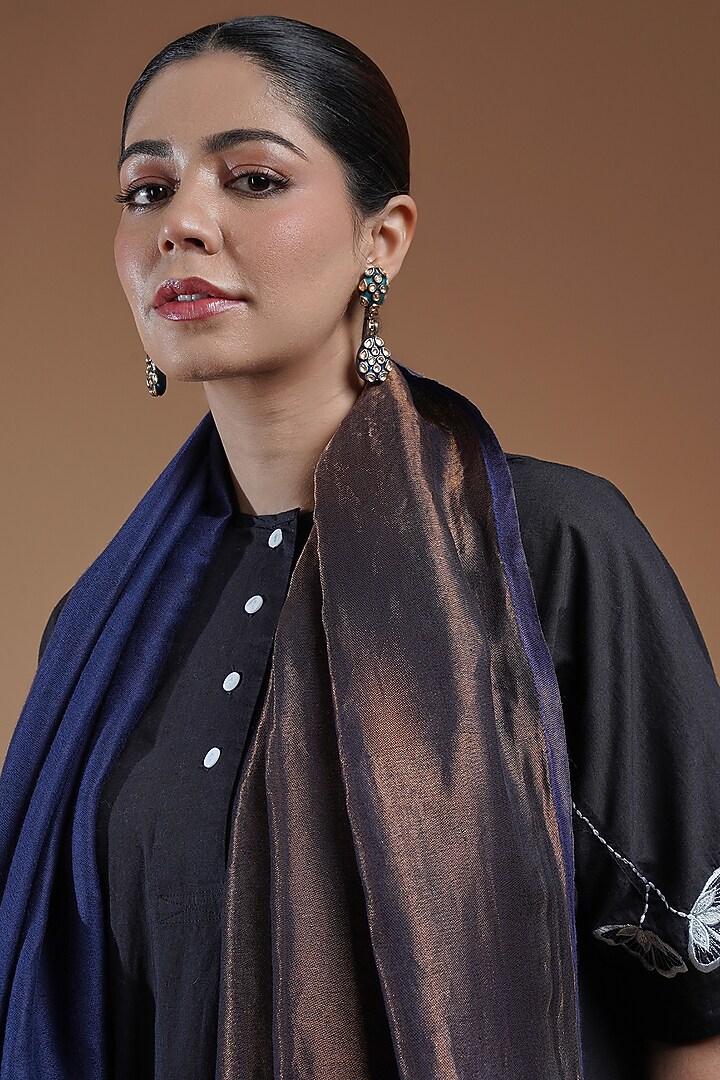 Dark Blue & Golden Fine Count Wool Stole by Shaza at Pernia's Pop Up Shop