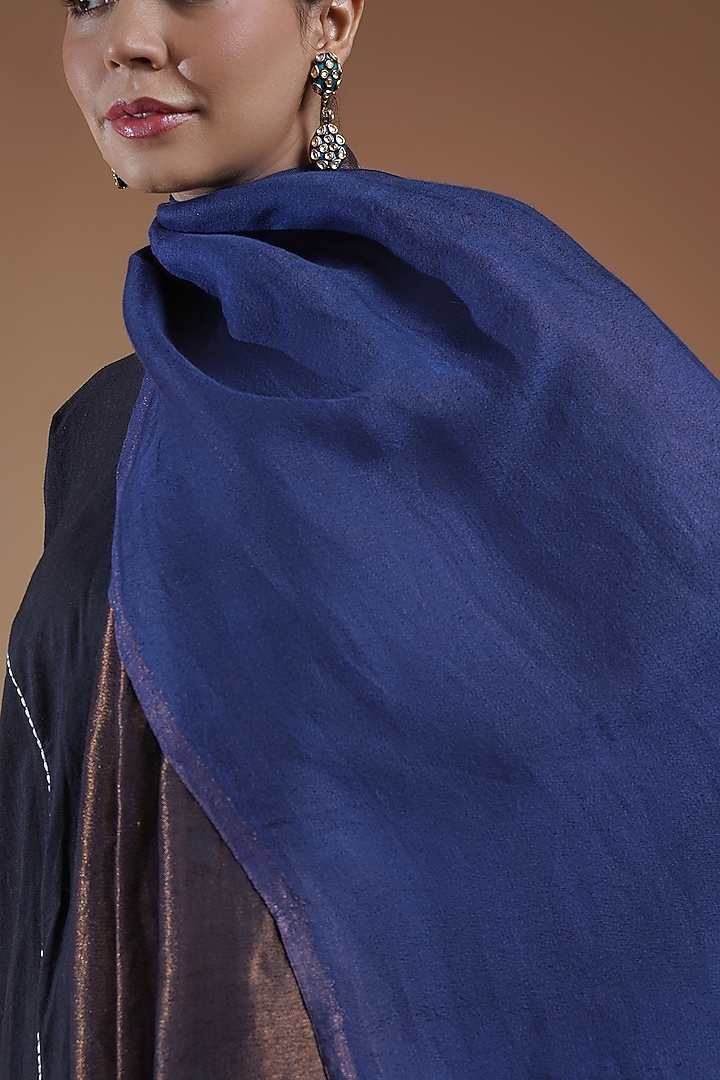 Dark Blue & Golden Fine Count Wool Stole by Shaza at Pernia's Pop Up Shop