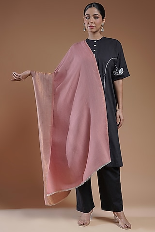 Pink & Soft Gold Fine Count Wool Reversible Stole by Shaza