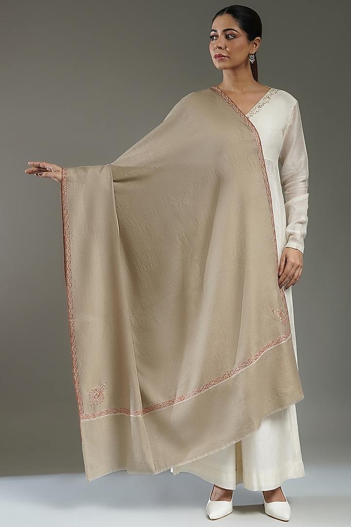 Beige Handloom Pashmina Needlework Shawl by Shaza at Pernia's Pop Up Shop