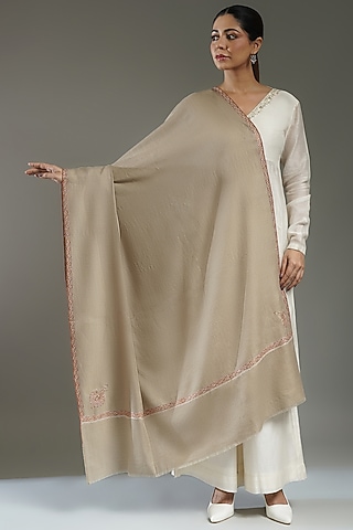 Beige Handloom Pashmina Needlework Shawl by Shaza