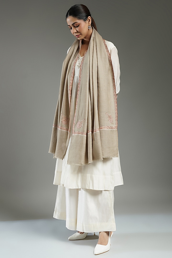 Beige Handloom Pashmina Needlework Shawl by Shaza at Pernia's Pop Up Shop