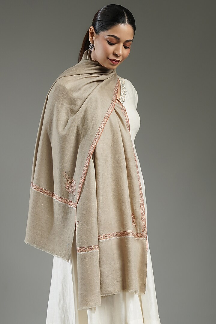 Beige Handloom Pashmina Needlework Shawl by Shaza at Pernia's Pop Up Shop