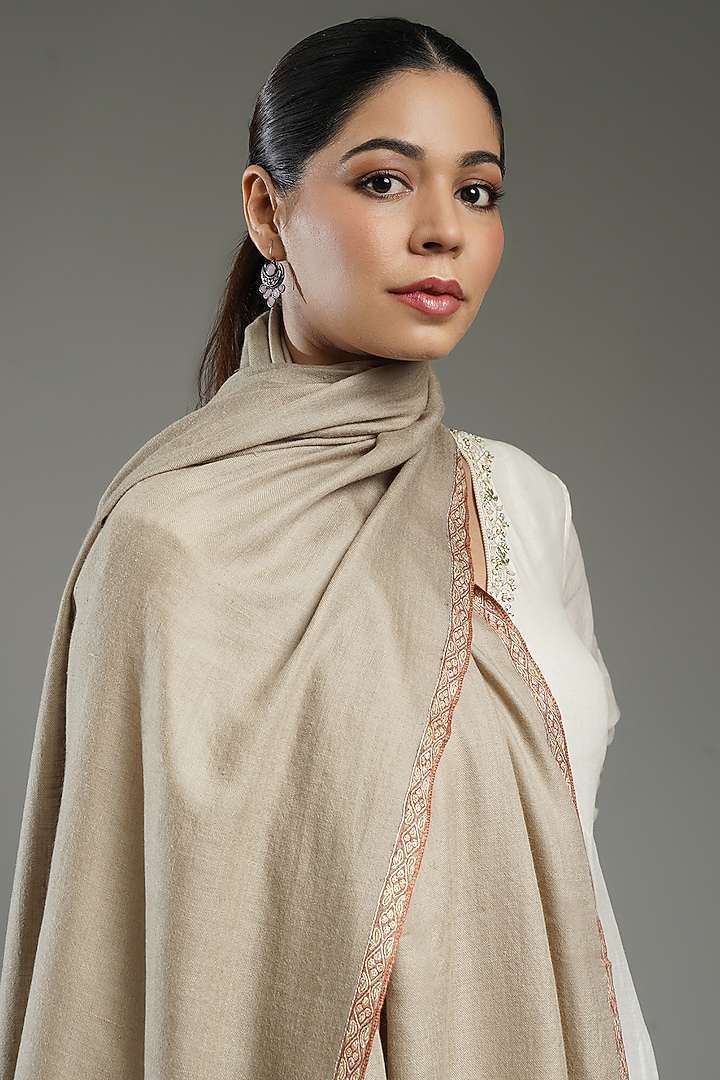 Beige Handloom Pashmina Needlework Shawl by Shaza at Pernia's Pop Up Shop