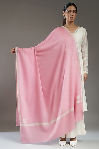 Pink Handloom Pashmina Needle Embroidered Shawl by Shaza