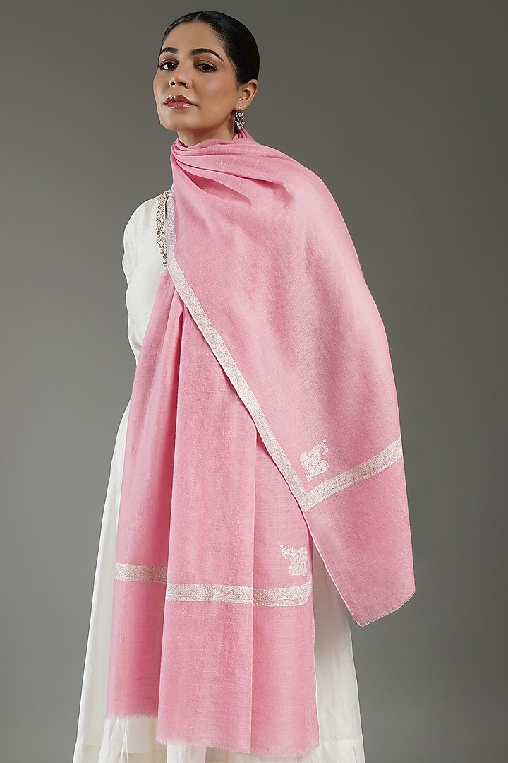 Pink Handloom Pashmina Needle Embroidered Shawl by Shaza at Pernia's Pop Up Shop