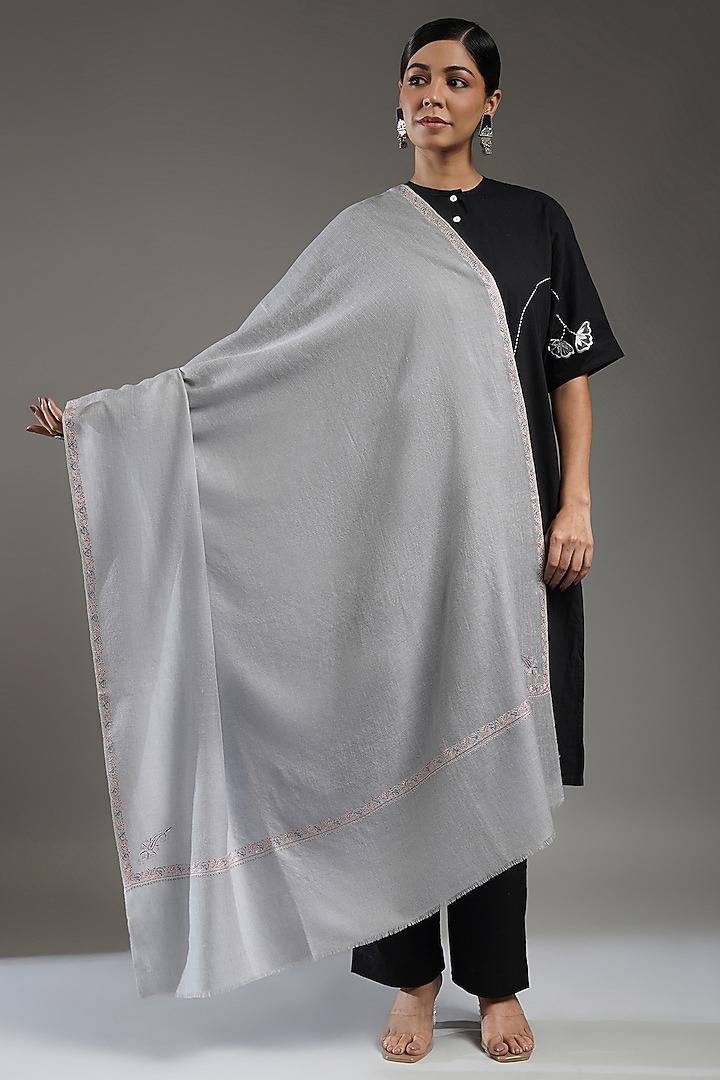 Serene Baby Blue Handloom Pashmina Embroidered Shawl by Shaza at Pernia's Pop Up Shop