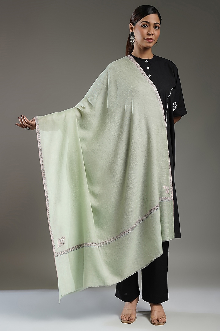 Sea Green Handloom Pashmina Embroidered Shawl by Shaza at Pernia's Pop Up Shop