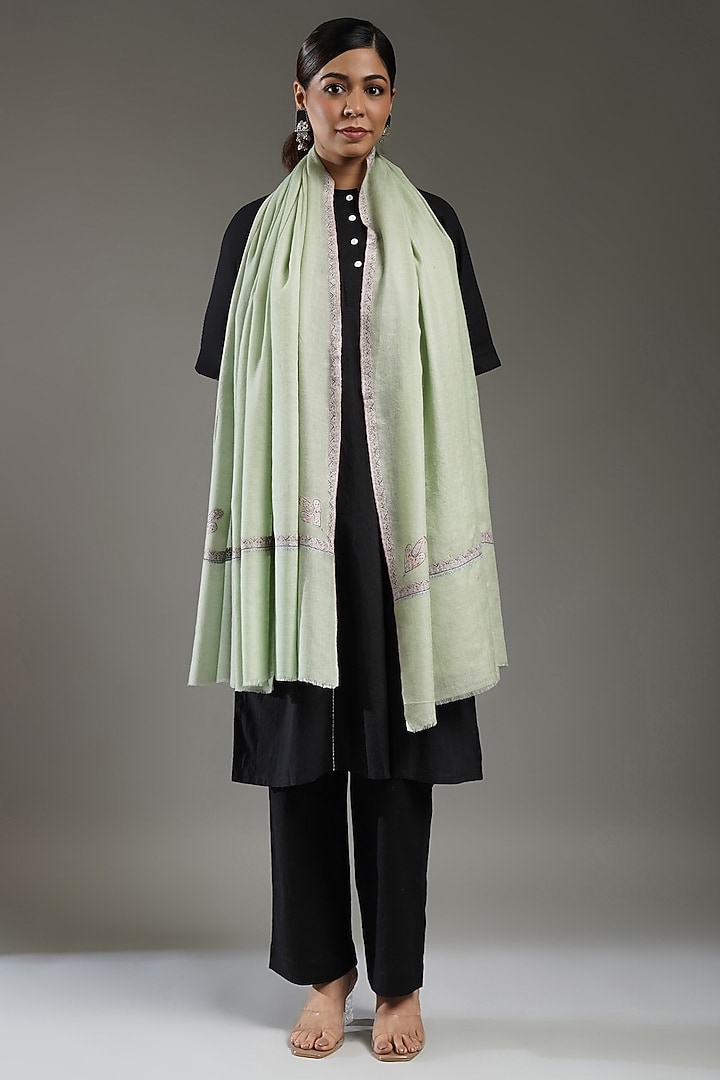 Sea Green Handloom Pashmina Embroidered Shawl by Shaza at Pernia's Pop Up Shop