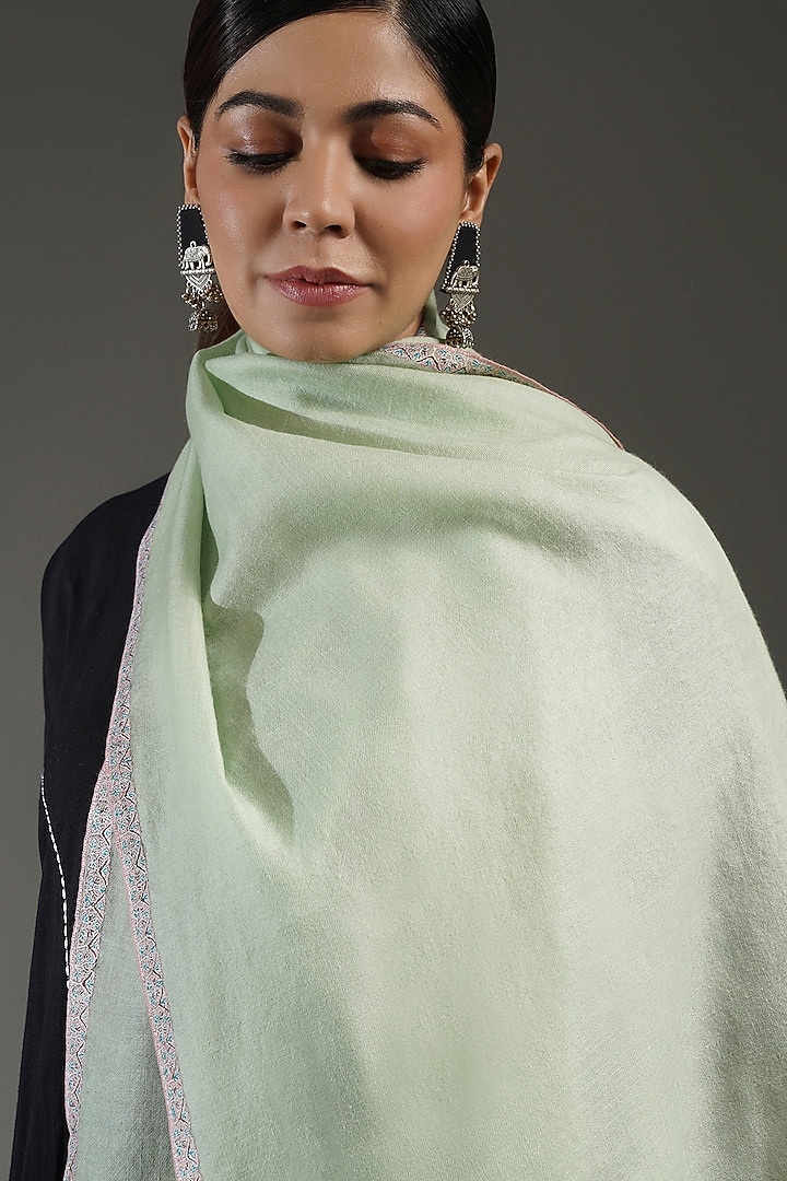 Sea Green Handloom Pashmina Embroidered Shawl by Shaza at Pernia's Pop Up Shop