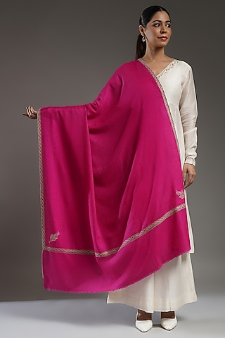 Magenta Pink Handloom Pashmina Embroidered Shawl by Shaza