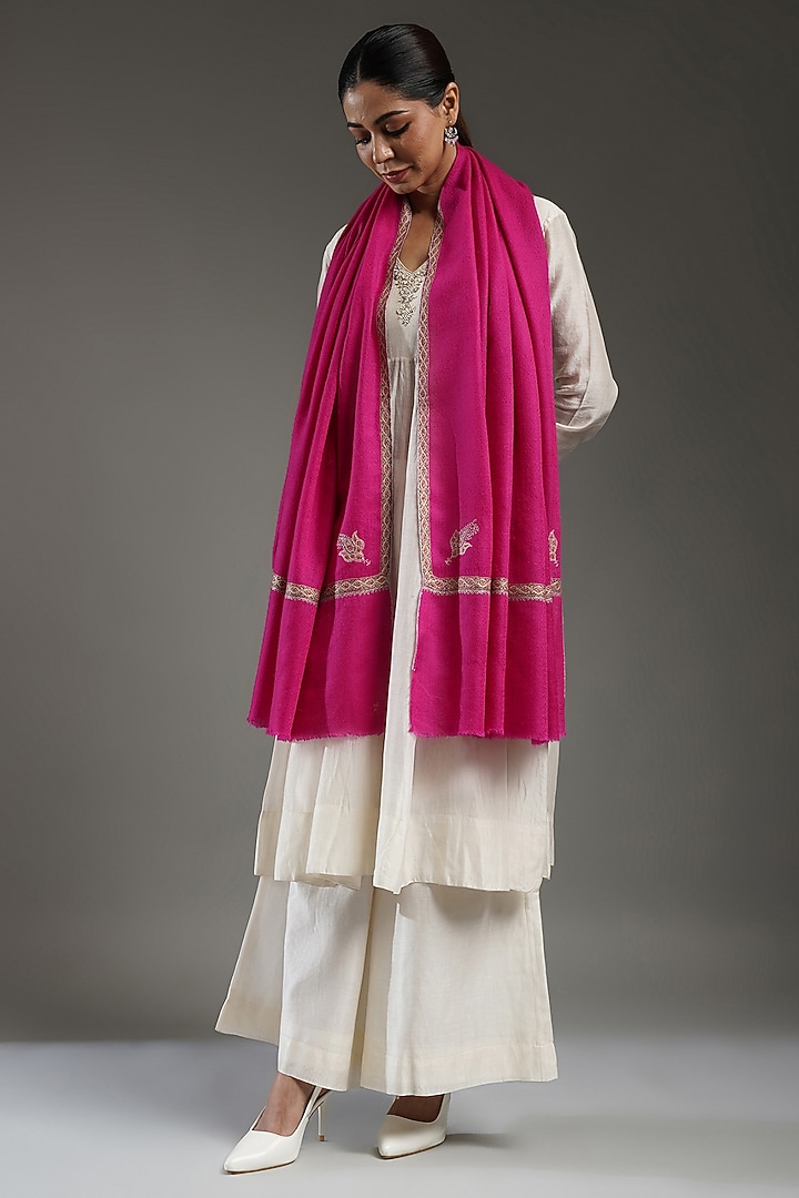 Magenta Pink Handloom Pashmina Embroidered Shawl by Shaza at Pernia's Pop Up Shop