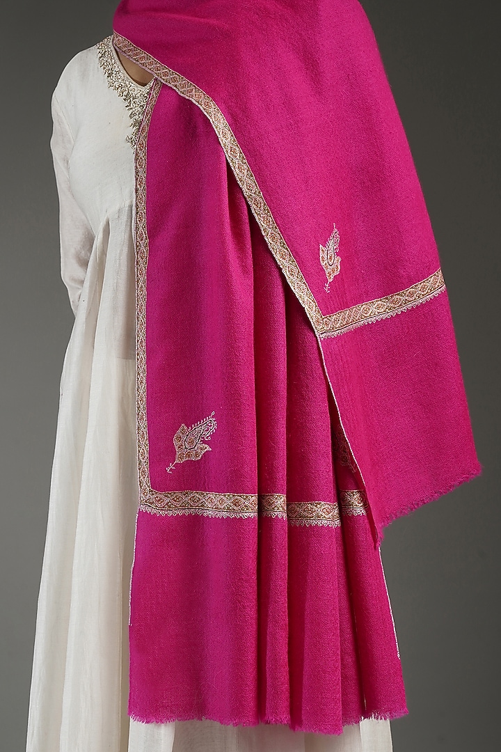 Magenta Pink Handloom Pashmina Embroidered Shawl by Shaza at Pernia's Pop Up Shop