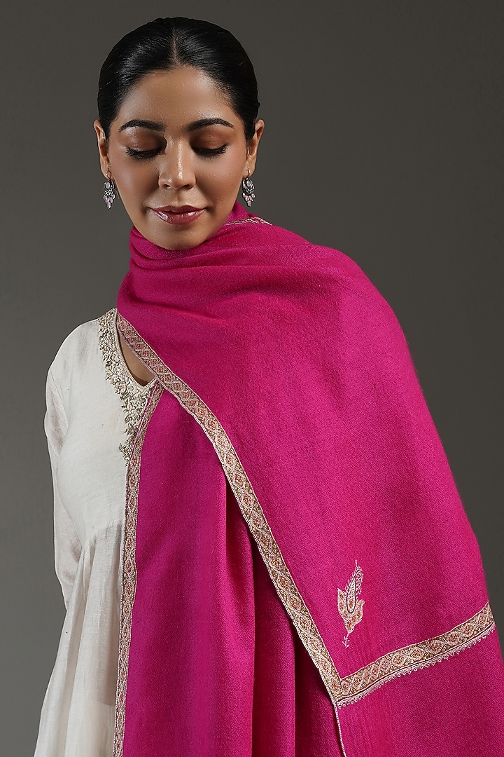 Magenta Pink Handloom Pashmina Embroidered Shawl by Shaza at Pernia's Pop Up Shop