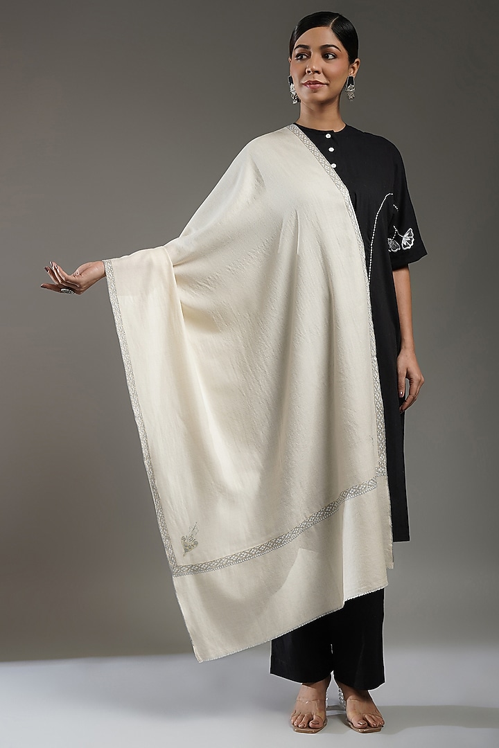 Ivory Handloom Pashmina Embroidered Shawl by Shaza at Pernia's Pop Up Shop