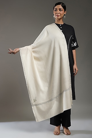 Ivory Handloom Pashmina Embroidered Shawl by Shaza