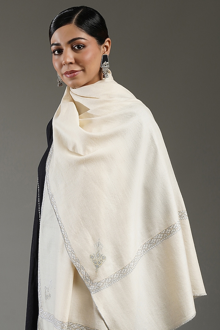 Ivory Handloom Pashmina Embroidered Shawl by Shaza at Pernia's Pop Up Shop