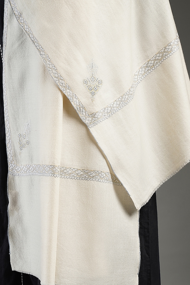 Ivory Handloom Pashmina Embroidered Shawl by Shaza at Pernia's Pop Up Shop