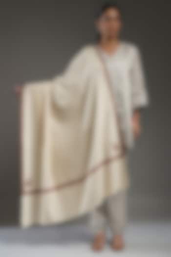 Ivory Handloom Pashmina Hand Embroidered Shawl by Shaza at Pernia's Pop Up Shop