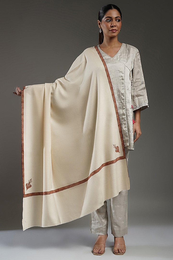 Ivory Handloom Pashmina Hand Embroidered Shawl by Shaza at Pernia's Pop Up Shop