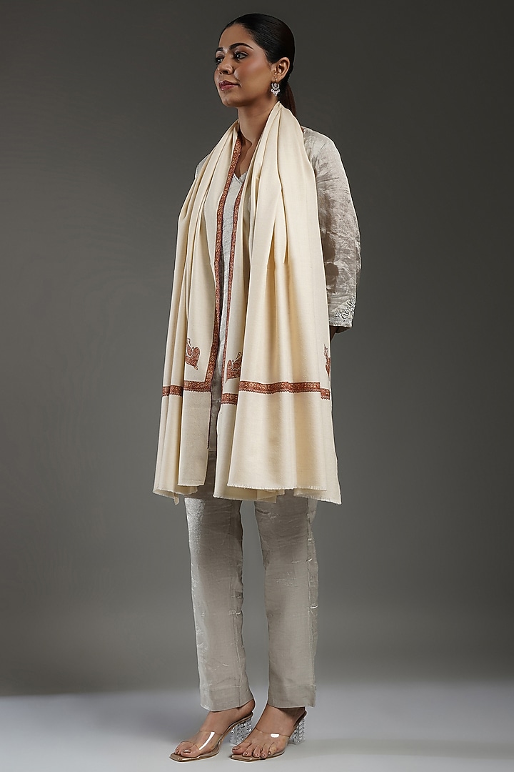 Ivory Handloom Pashmina Hand Embroidered Shawl by Shaza at Pernia's Pop Up Shop