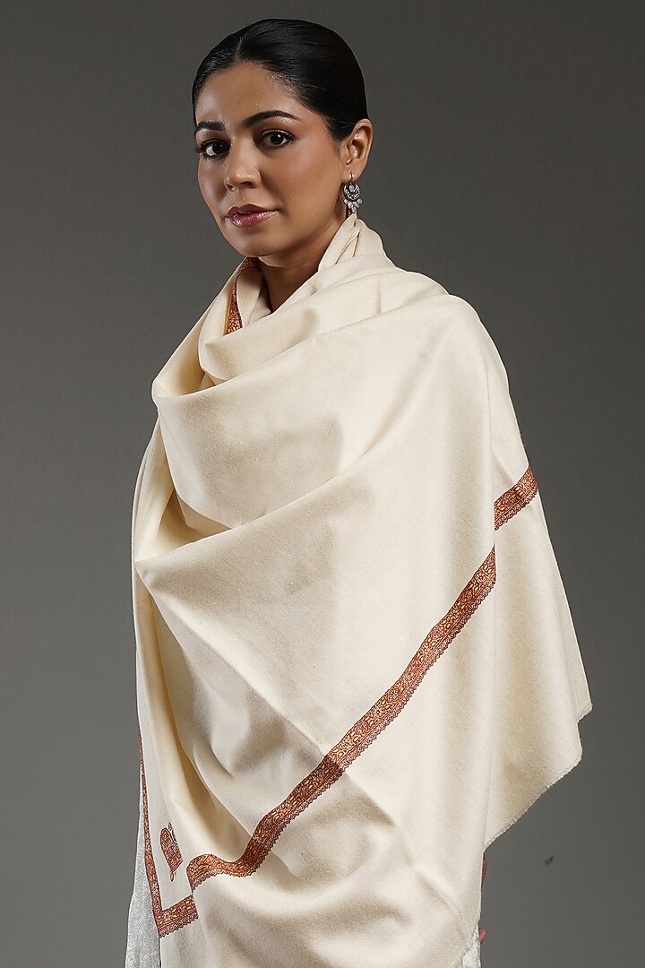 Ivory Handloom Pashmina Hand Embroidered Shawl by Shaza at Pernia's Pop Up Shop