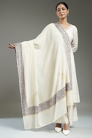 Ivory Cashmere Needle Embroidered Shawl by Shaza