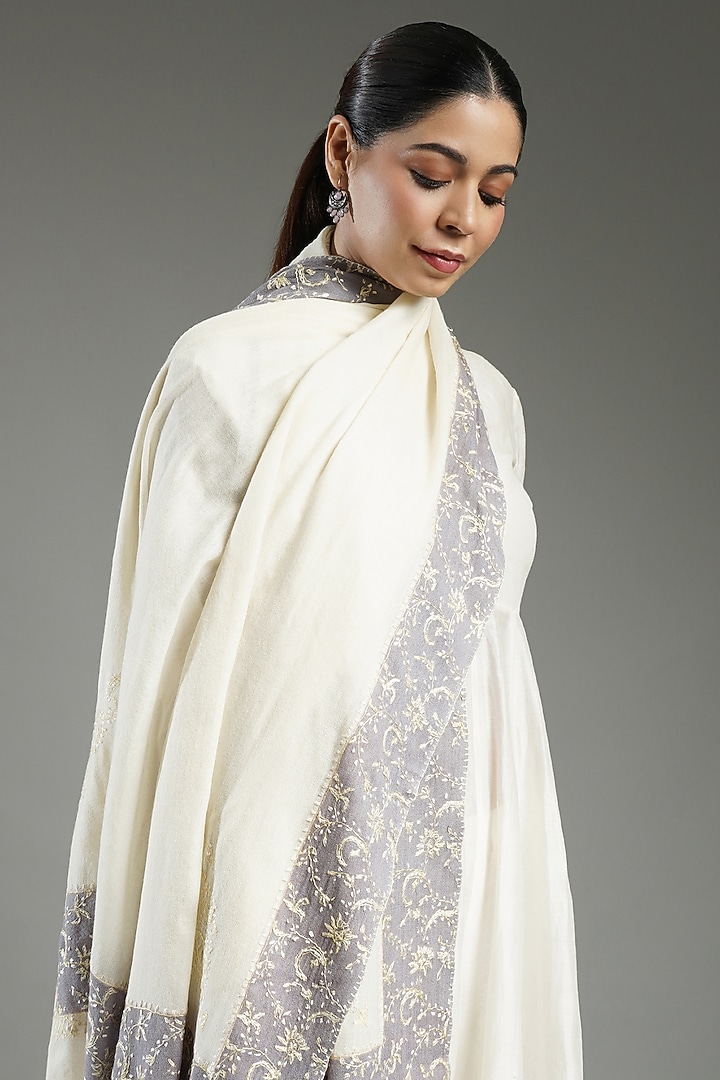 Ivory Cashmere Needle Embroidered Shawl by Shaza at Pernia's Pop Up Shop
