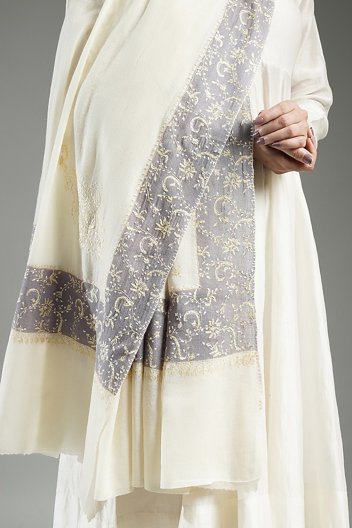 Ivory Cashmere Needle Embroidered Shawl by Shaza at Pernia's Pop Up Shop