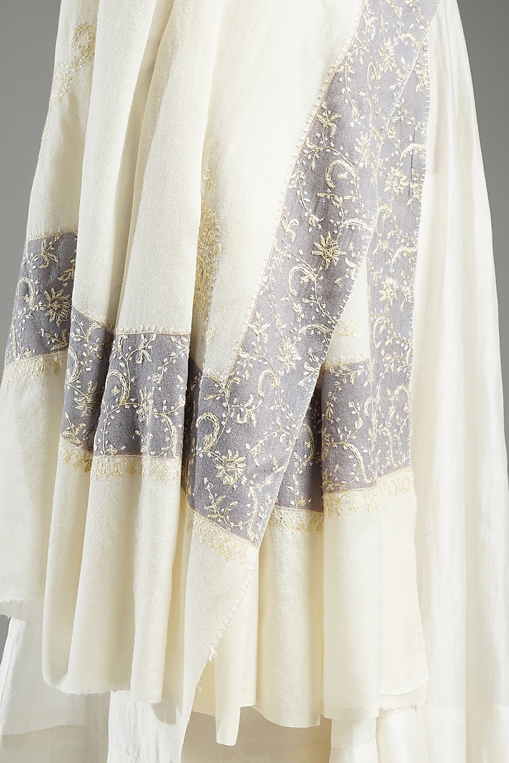 Ivory Cashmere Needle Embroidered Shawl by Shaza at Pernia's Pop Up Shop