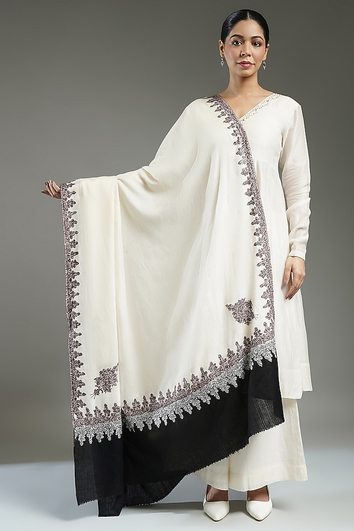 Ivory-Black Cashmere Needle Embroidered Shawl by Shaza at Pernia's Pop Up Shop