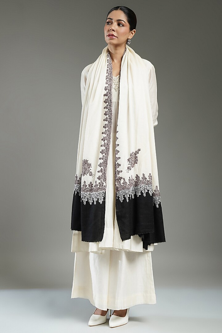 Ivory-Black Cashmere Needle Embroidered Shawl by Shaza at Pernia's Pop Up Shop