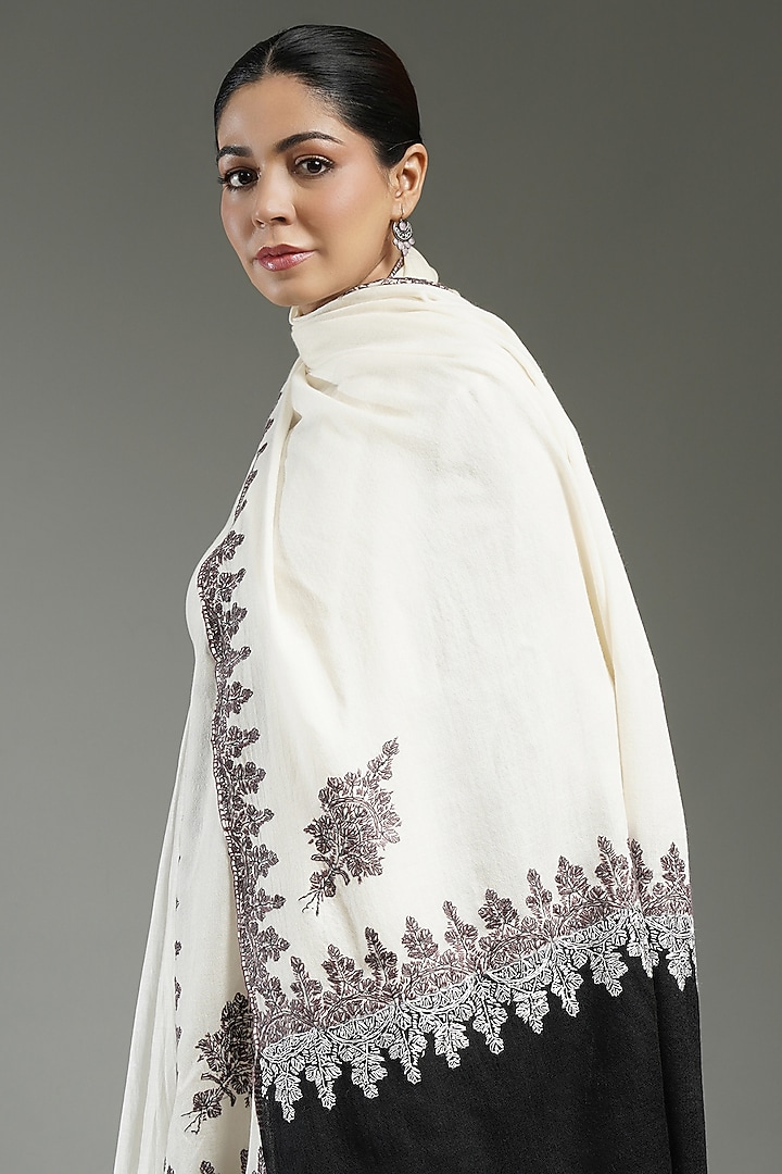 Ivory-Black Cashmere Needle Embroidered Shawl by Shaza at Pernia's Pop Up Shop