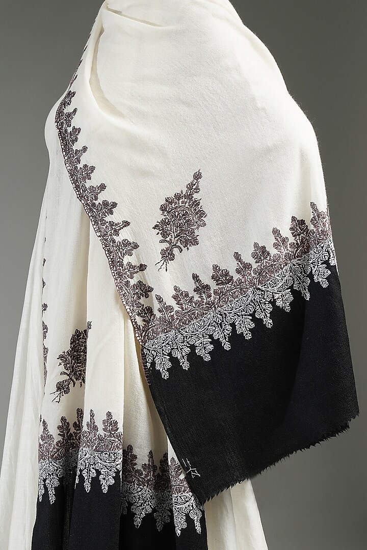 Ivory-Black Cashmere Needle Embroidered Shawl by Shaza at Pernia's Pop Up Shop