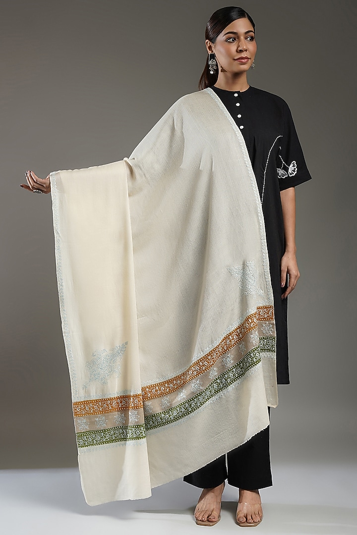 Ivory-Multi-Colored Cashmere Needle Embroidered Shawl by Shaza at Pernia's Pop Up Shop