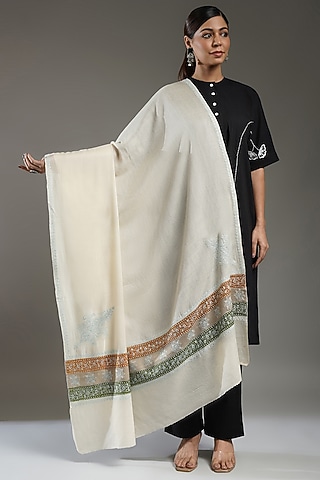 Ivory-Multi-Colored Cashmere Needle Embroidered Shawl by Shaza