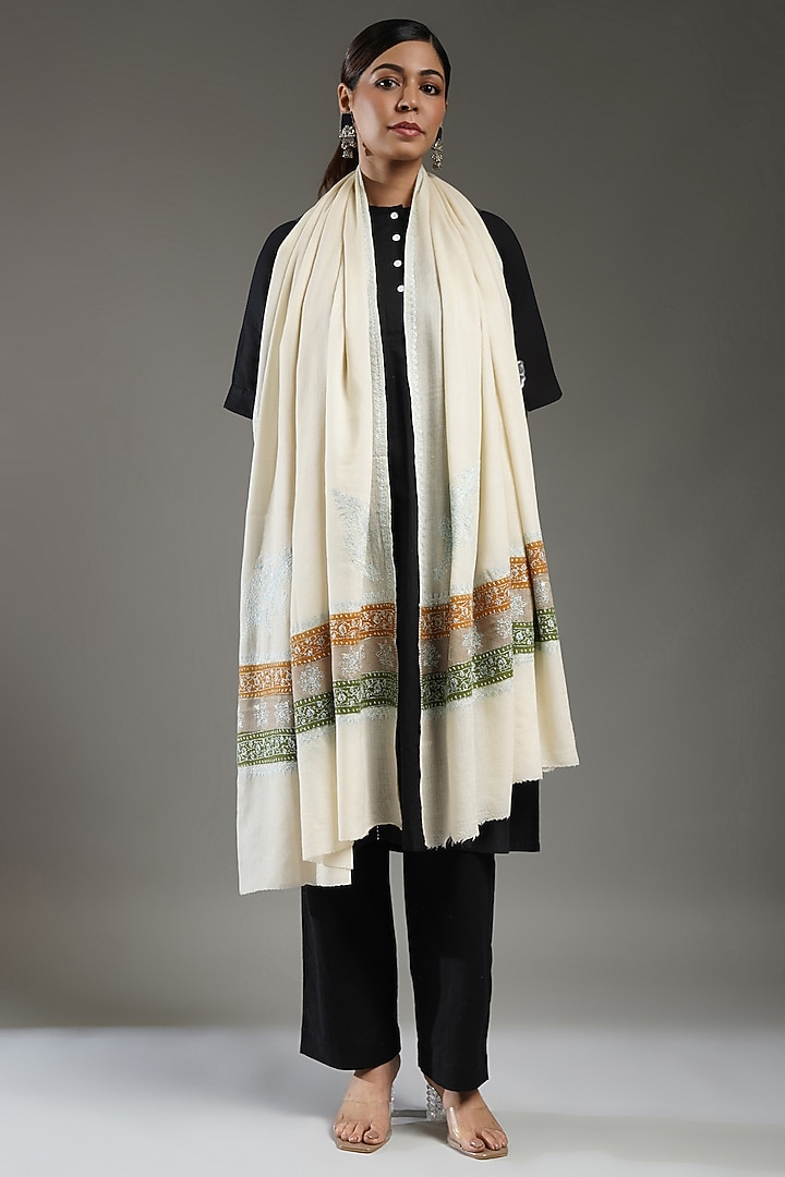 Ivory-Multi-Colored Cashmere Needle Embroidered Shawl by Shaza at Pernia's Pop Up Shop