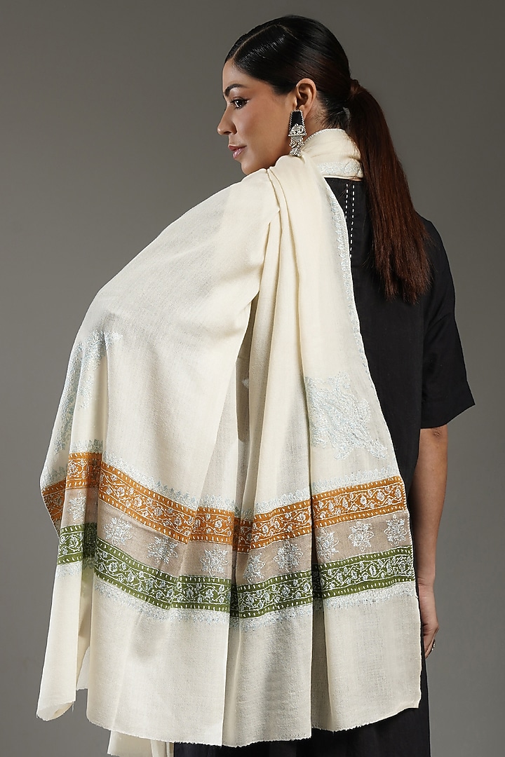 Ivory-Multi-Colored Cashmere Needle Embroidered Shawl by Shaza at Pernia's Pop Up Shop